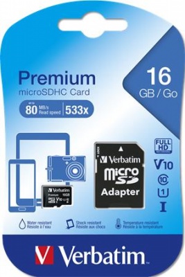 Memóriakártya, microSDHC, 16GB, CL10/U1, 45/10 MB/s, adapter, VERBATIM "Premium"